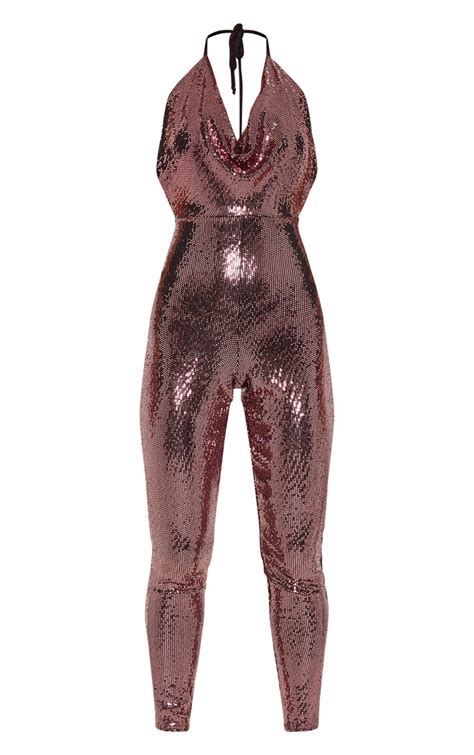 Hot Pink Sequin Cowl Neck Jumpsuit Prettylittlething Ca