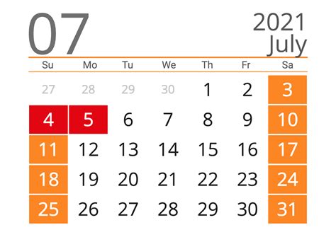 July 2021 Printable Calendar The Us — Easy Free Print