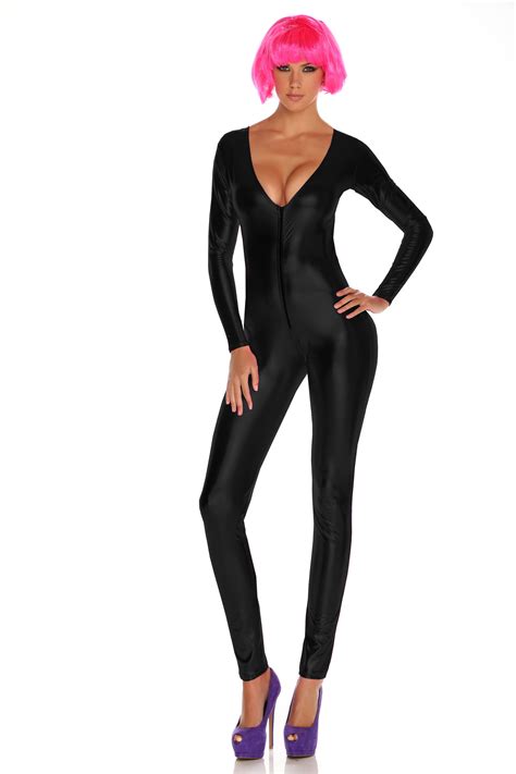 Adult Metallic Zip Front Woman Black Bodysuit 5482