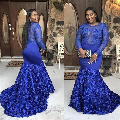 Royal Blue Plus Size Prom Dresses For Black Girl 2019 Long Sleeve