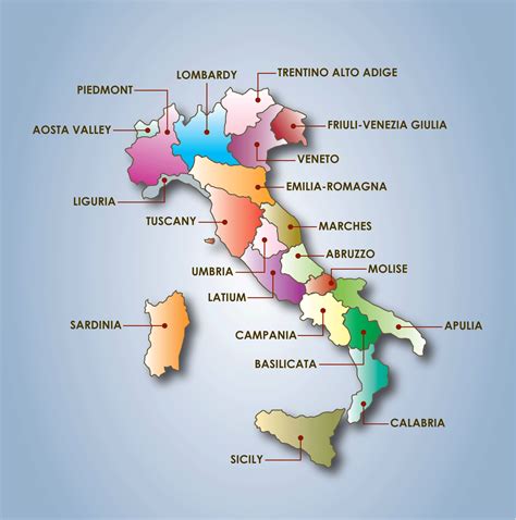 A Map Of Italy With All The Regions Labeled In Differ