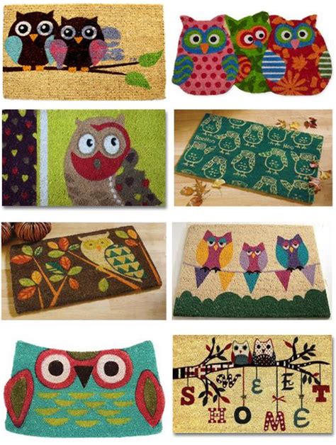 Various Rugs With Owls On Them Are Shown In Different Colors And Sizes Along With An Owl Door Mat