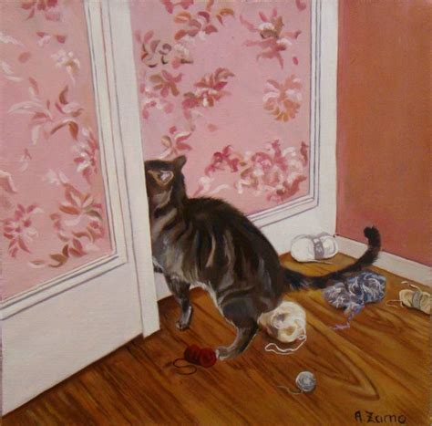 The Forbidden Cupboard Portrait Of A Grey Cat Painting By Anne Zamo