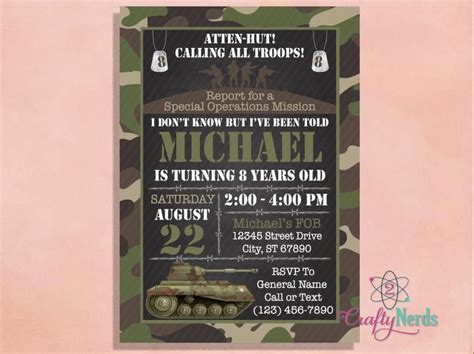 Army Birthday Invitation Military Party Soldier Party Invitation