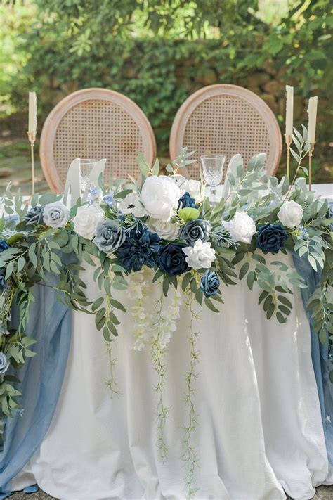 9ft Head Table Flower Garland In Dusty Blue And Navy Sweetheart Table