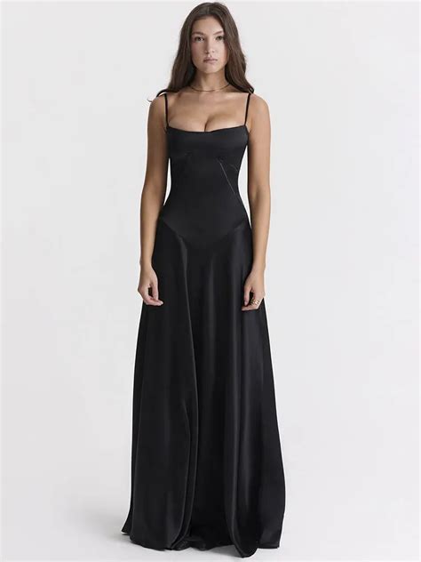 Gacvga Lace Up Black Satin Maxi Dress Women Spaghetti Strap Sleeveless Backless Femme Sexy Prom