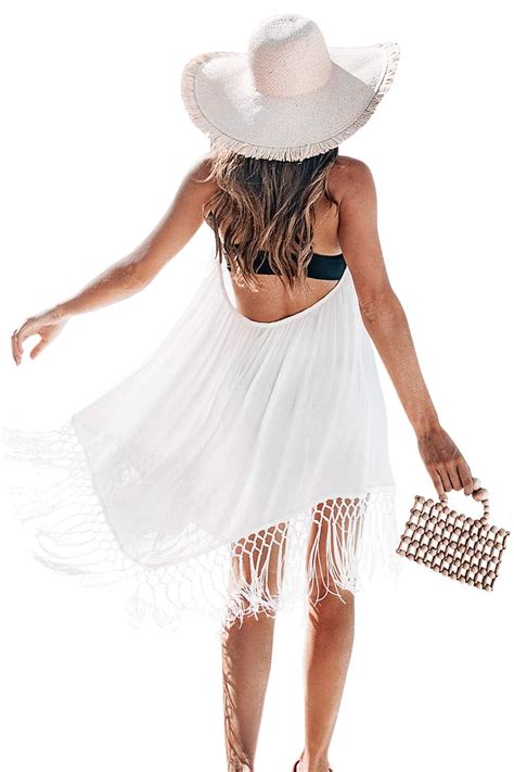 Cupshe Womens White Backless Cover Up With Tassels One Size