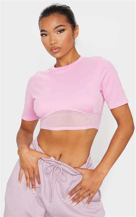 Dusty Pink Rib Mesh Underbust Crop Top Tops Prettylittlething Uae