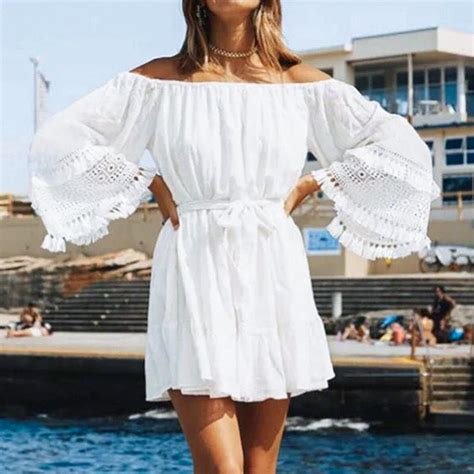 Fashion Womens Sexy Off Shoulder White Summer Dress Splicing Cotton And Linen Lace Party Mini