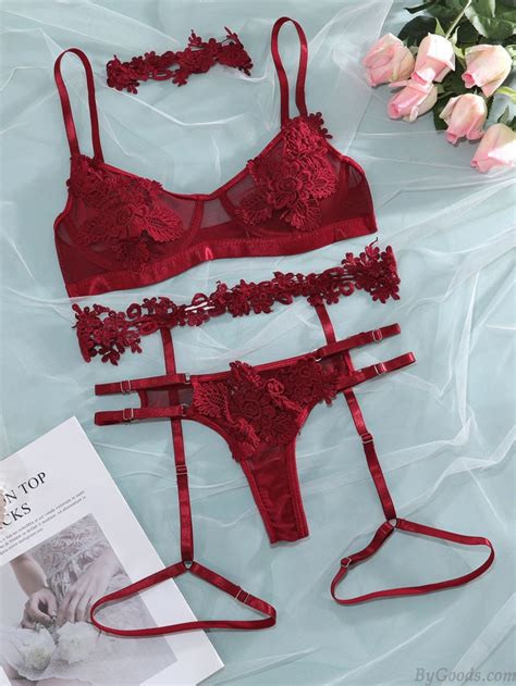 sexy embroidery flower lace mesh bra underwire panty garter belt with neck ring 4 piece set high