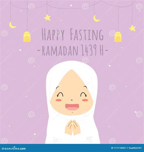 Happy Fasting Greeting Card Muslim Girl Cartoon Vector Cartoondealer