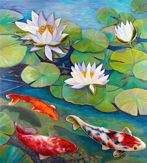 Painting tutorial on how to paint realistic koi on pond with water lilies, lotus flowers, butterfly and dragonfly in a step by step easy and basic landscape. Koi Pond by Anne Nye | Koi painting, Pond painting, Koi art