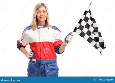 Female Car Racer Waving A Checkered Race Flag Stock Photo Image Of