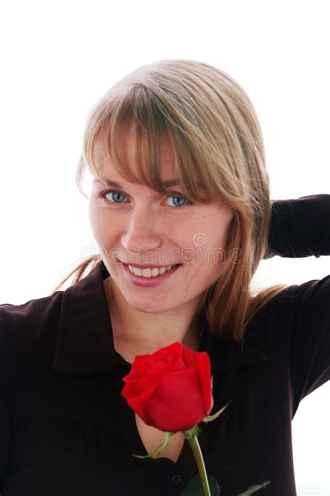 Beautiful Young Smiling Woman With Red Rose Stock Image Image Of