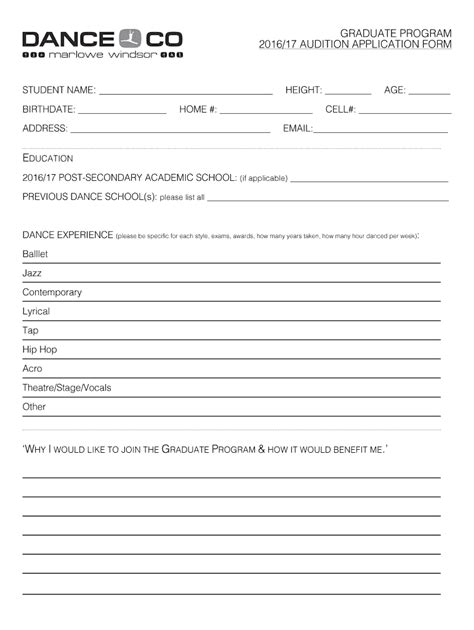 2016 Grad Program Audition Form Dance Co Fill Out And Sign Online Dochub