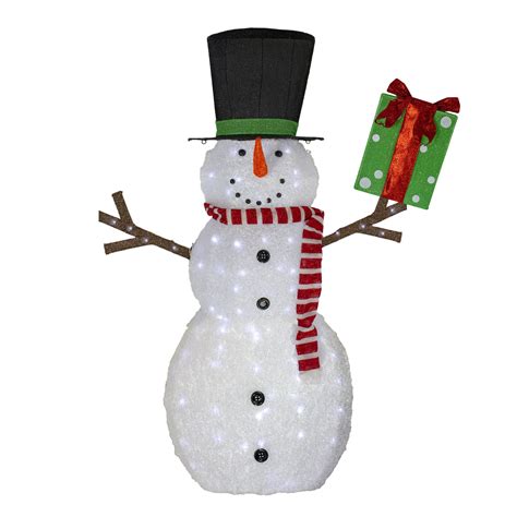 74 White Led Lighted Fluffy Glitter Snowman With Present Outdoor