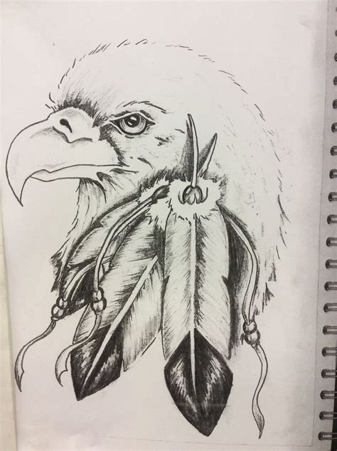 Native American Style Eagle With Feathers And Beads Pencil Drawing With Dark Shading And Bright