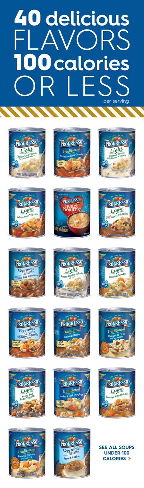 Instead, tuck into one of these 10 healthier snacks under 100 calories. Progresso Light Soups - 40 delicious flavors, 100 calories or less! | Soups | Pinterest | Beans ...