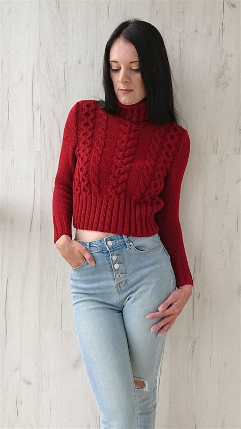 Cropped Cable Knit Sweater For Women Chunky Turtleneck Sweater Etsy