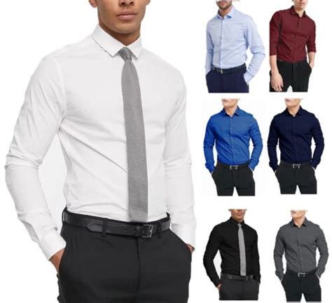 mens plain modern slim fit smart shirts long sleeve casual formal shirt rh09 ebay