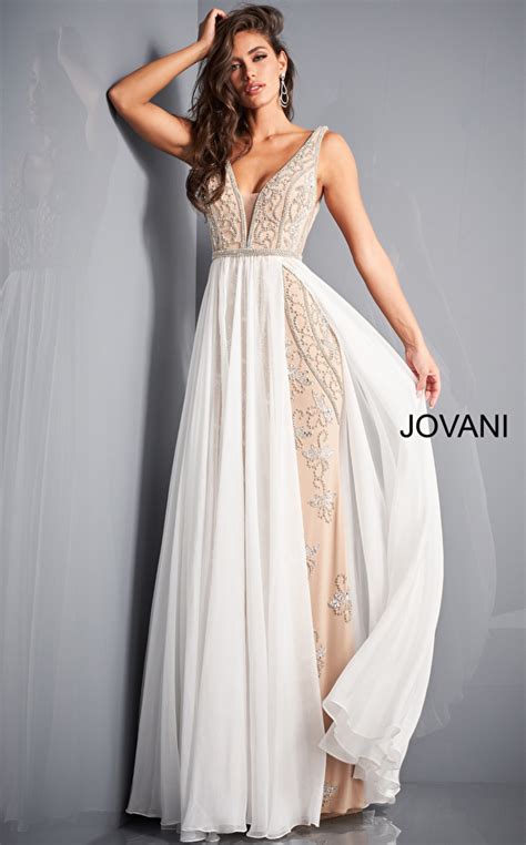 Jovani Nude Off White Beaded V Neck Evening Dress