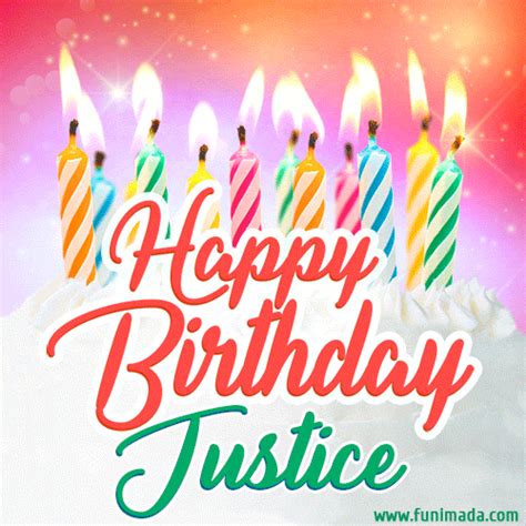Happy Birthday  For Justice With Birthday Cake And Lit Candles