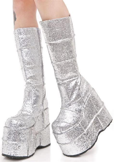 Demonia Glitter Stack Platforms Goth Platform Boots Hunter Ankle