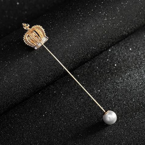 New Gold Crystal Crown Pearl End Stick Pin Brooch Lady Lapel Pin