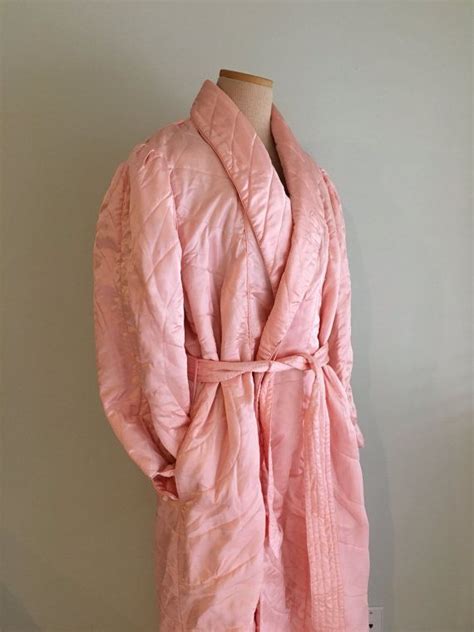 Vintage Quilted Satin Robe Women L Large 50s 1950s Robe Belt Long Pink Peach 40s 1940s Dressing