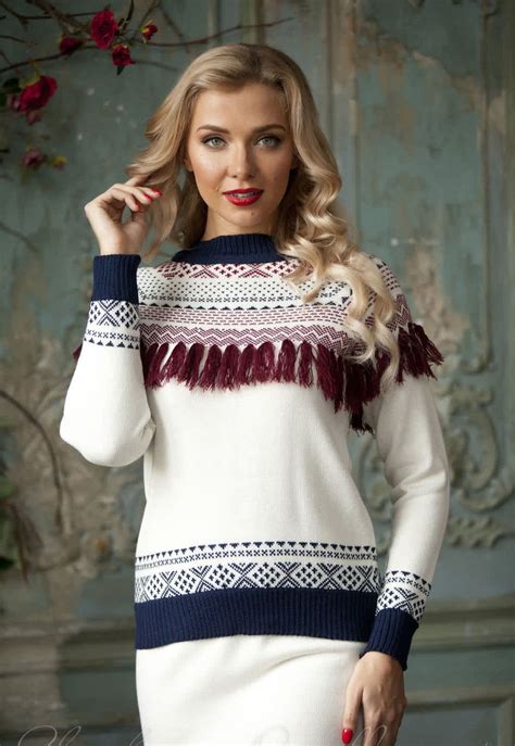 White Ethnic Style Suit By Olesya Masyutina Skirt Set Knitted Suit With Scandinavian Patterns
