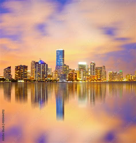 Miami Florida Sunset Cityscape Over The City Panoramic Skyline With