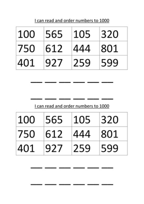 Recognising Numbers To 1000 Worksheet
