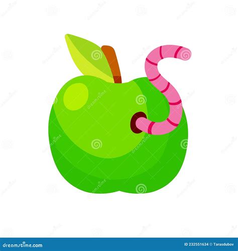 Green Apple Fruit With A Worm Flat Cartoon Illustration Spoiled