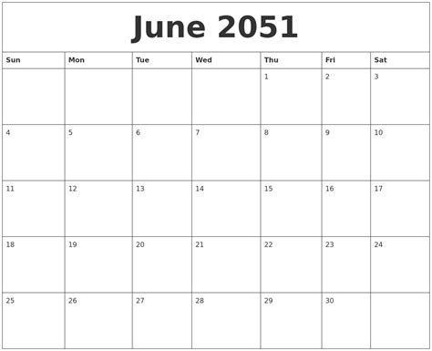 June 2051 Blank Printable Calendars