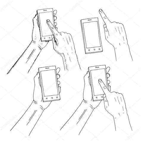 Mão desenhada a segurar o telefone Dedo no telefone pressionando na tela imagem vetorial de