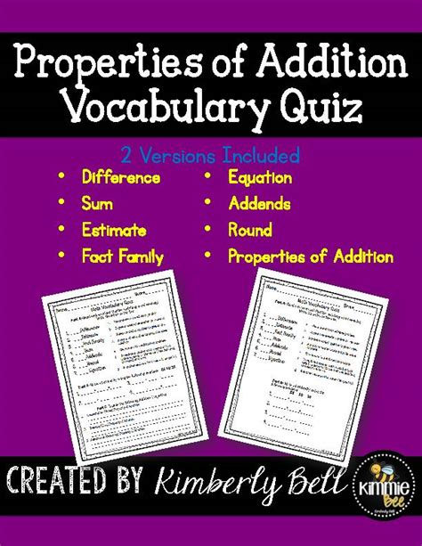 3rd Grade Properties Of Addition Vocabulary Quiz Classful