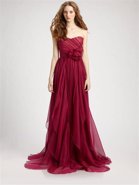 Marchesa Notte Silk Chiffon Strapless Empire Waist Gown In Raspberry