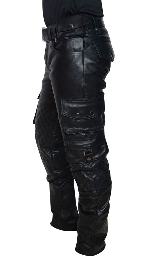 men s real leather cargo quilted panels pants bikers cargo pants ebay