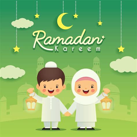 Ramadan Greeting Card Cute Cartoon Muslim Kids Holding Lantern With