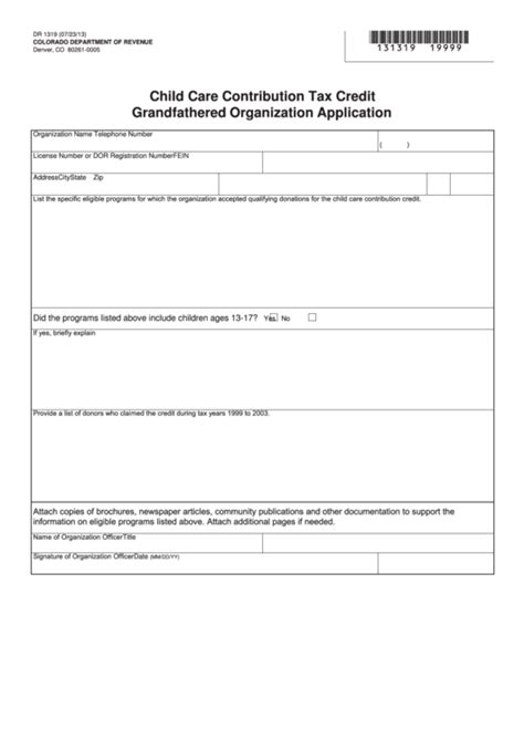 Fillable Form Dr 1319 Child Care Contribution Tax Credit