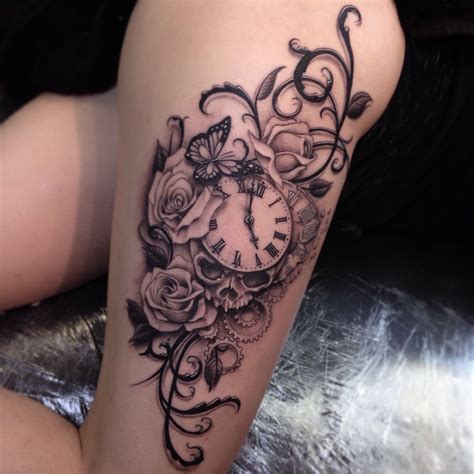 Image Result For Rose And Clock Thigh Tattoo Rose Tattoos For Women