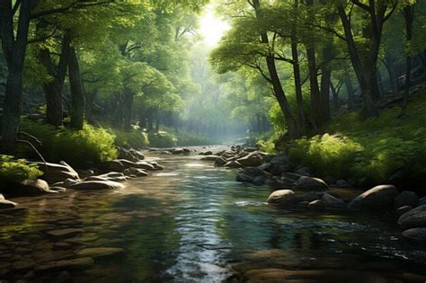 Premium Ai Image Tranquil River Flowing Through A Peaceful Forest R
