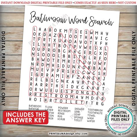Bathroom Word Search Fun Bathroom Puzzle Housewarming T Printable