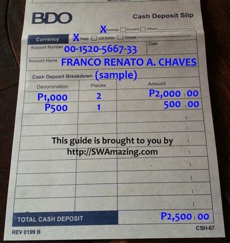 Deposit a minimum down payment of php 2,000 at the business office or the following partner institutions: Jay's Hub: Paano Mag Fill Up Ng BDO Cash Deposit Slip For SWA