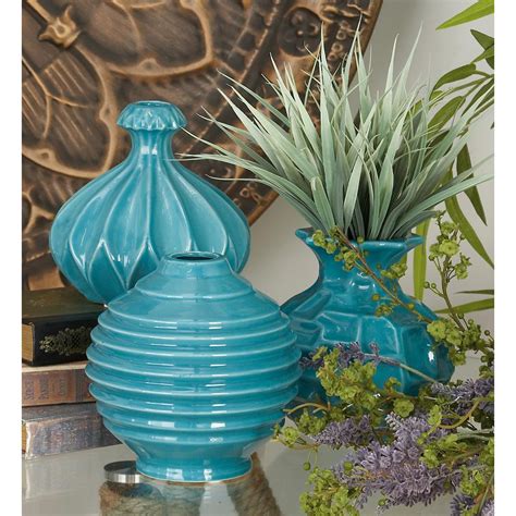 Litton Lane 6 In Modern Teal Blue Ceramic Decorative Vases Set Of 3 92578 The Home Depot
