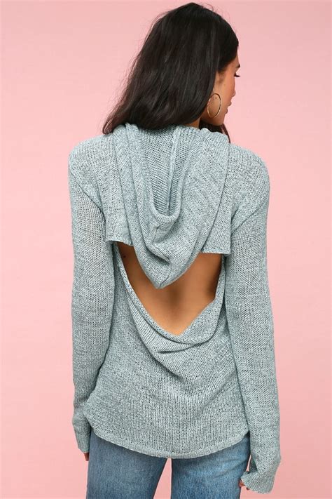 Cool Backless Sweater Light Blue Sweater Hooded Sweater