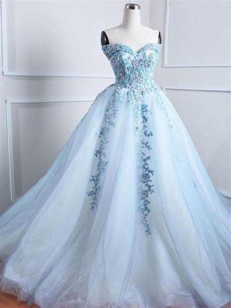 Sweetheart Pale Blue Lace Beaded Cheap Long Evening Prom Dresses Cheap