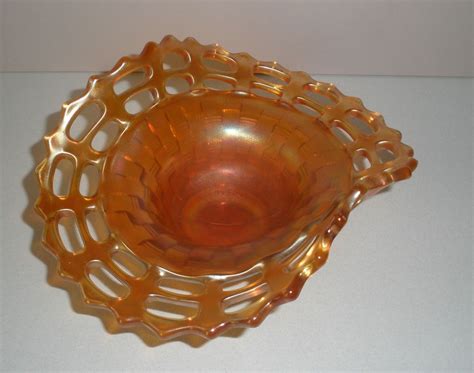 Vintage Fenton Open Lace Marigold Carnival Glass Basket Weave Bowl Carnival Glass Carnival