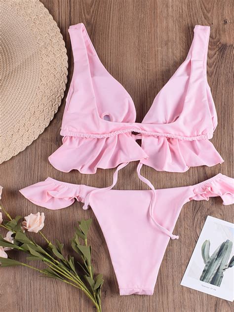 Pink Ruffle Trim Bikini Top And High Waist Bottom Choies