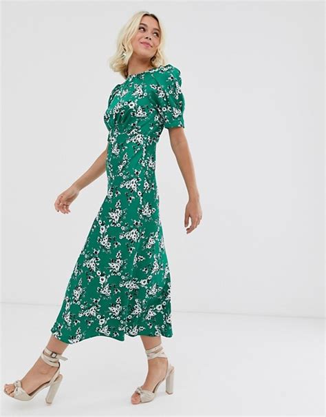Asos Design Midi Tea Dress In Green Floral Print Asos
